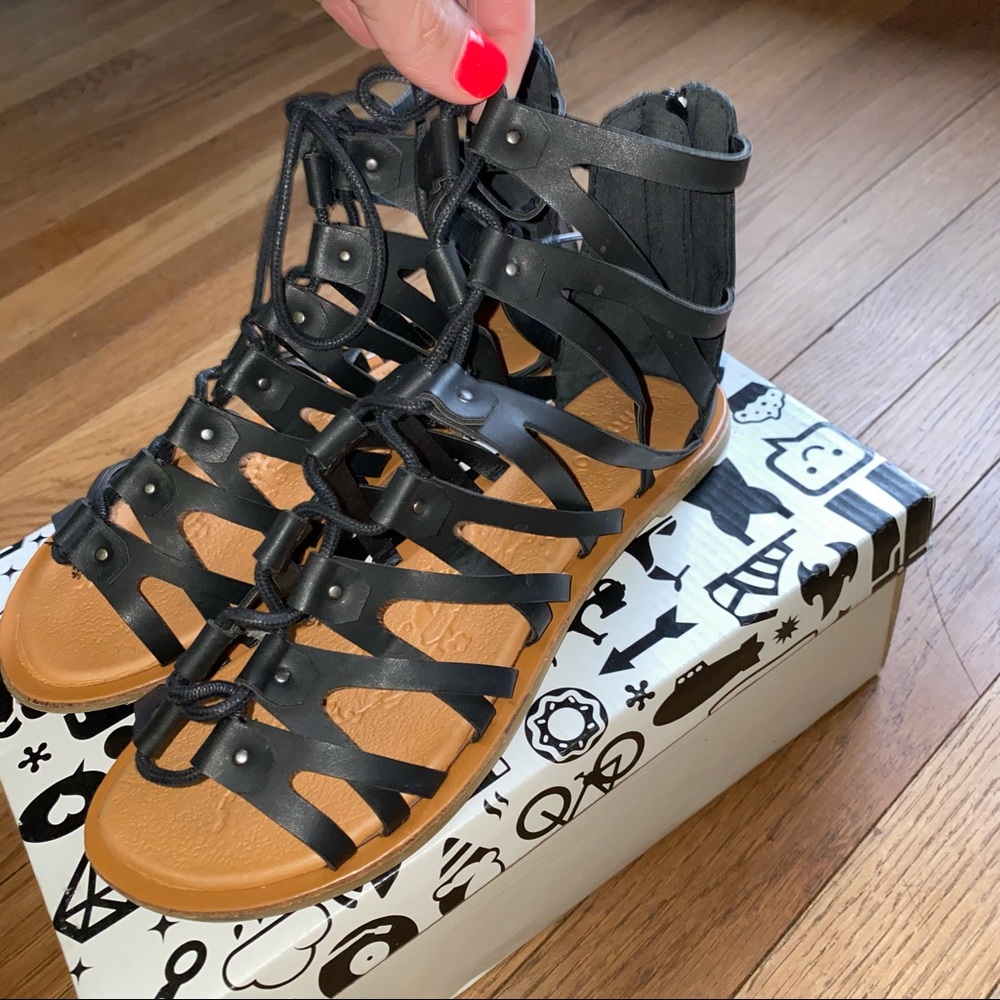 W 8.5 8 1/2 Black Bamboo lace up Sandals shoes flats dress open toe Beach Summer - Picture 4 of 7